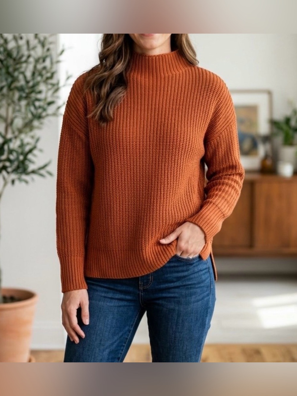 Max Studio Women Small Rust Orange Mock Neck Ribbed Knit Cotton Sweater Slit Hem